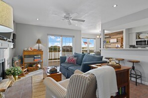 Smart TV, fireplace, DVD player, books