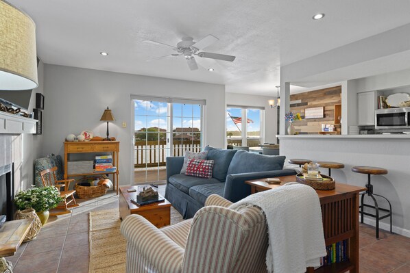 Smart TV, fireplace, DVD player, books