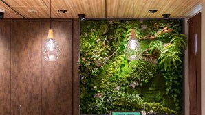 Ein Empfangsschalter mit digitaler Anzeige, Holzverkleidung und einer grünen Wand mit Pflanzen.