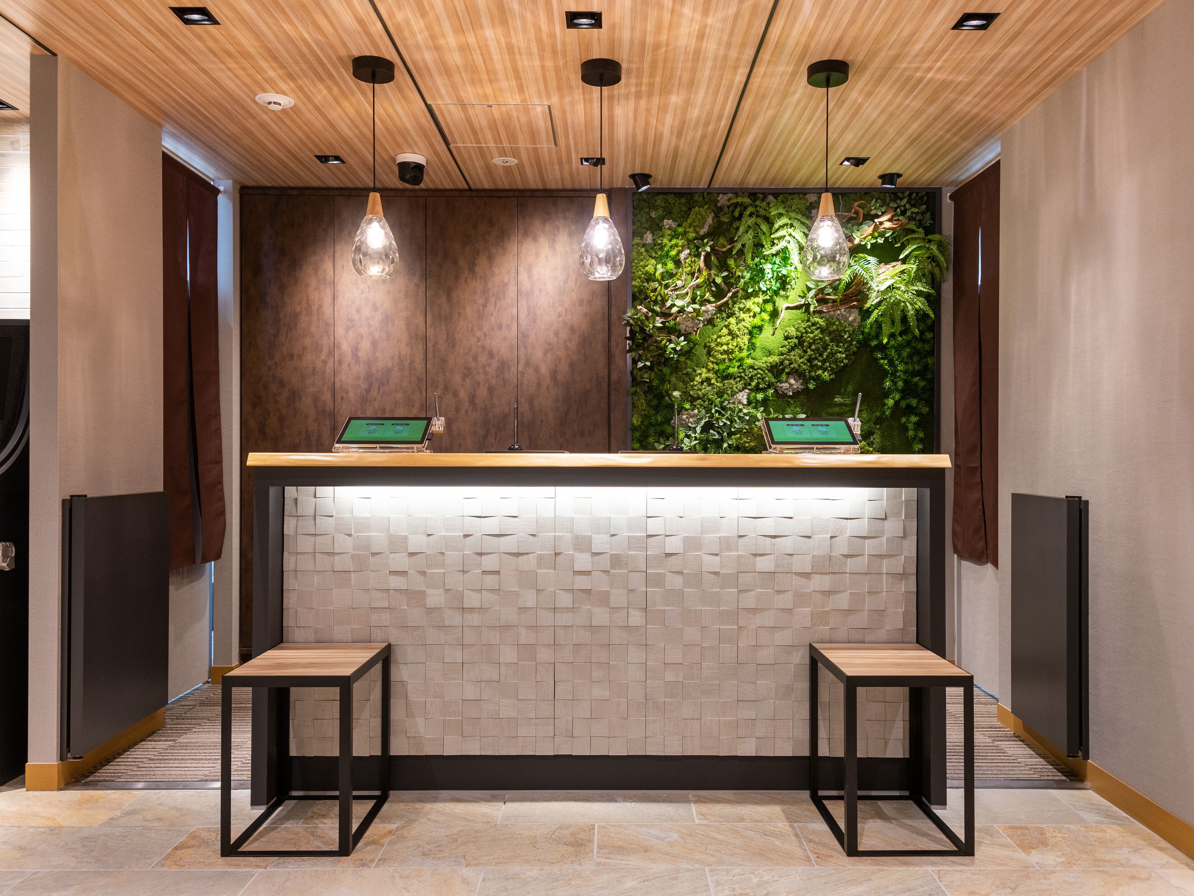 Zona de recepción con techo de madera, dos lámparas colgantes, pared verde con plantas, mostrador de recepción y dos taburetes de bar.