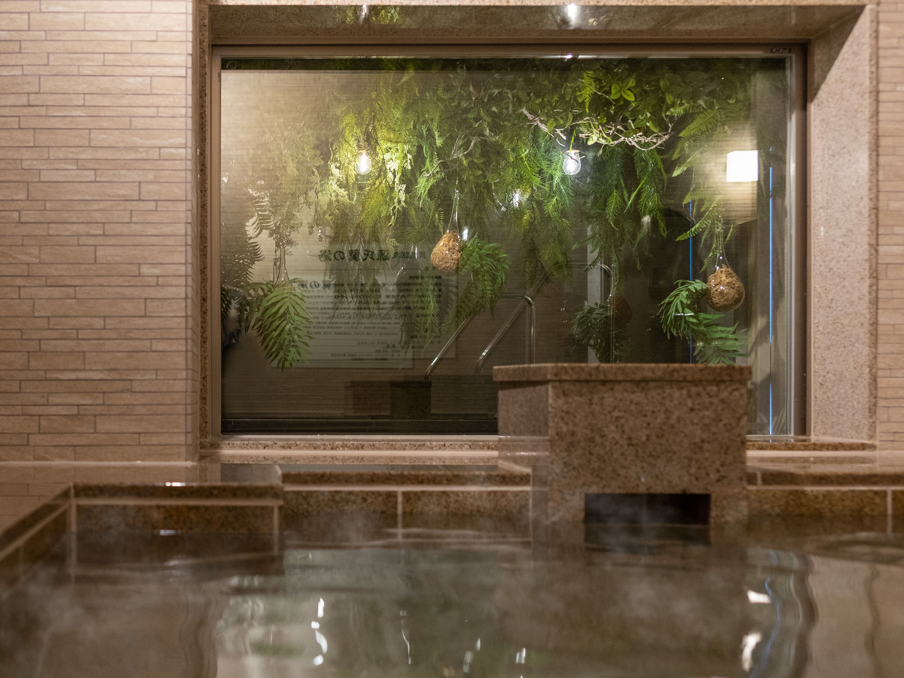 A spa area with a glass enclosure, a stone bench, and indoor plants.