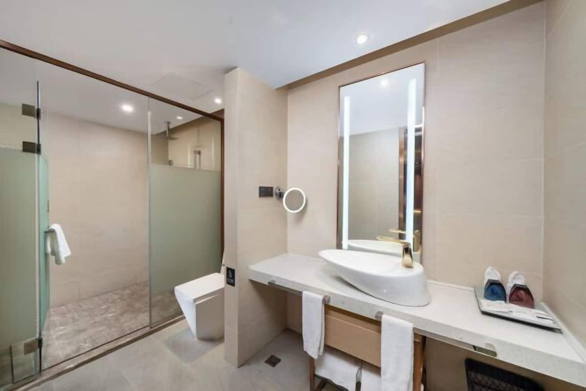A modern bathroom with a glass shower enclosure, a large mirror, and a white sink.