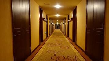 A hotel hallway with doors on both sides, a patterned carpet, and a light fixture on the ceiling.