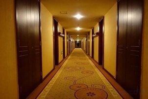 Un pasillo de hotel con puertas a ambos lados, una alfombra estampada y una lámpara en el techo.