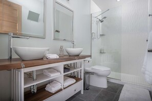 Shower, hair dryer, towels, shampoo