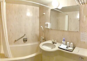 Combined shower/bathtub, free toiletries, hair dryer, towels