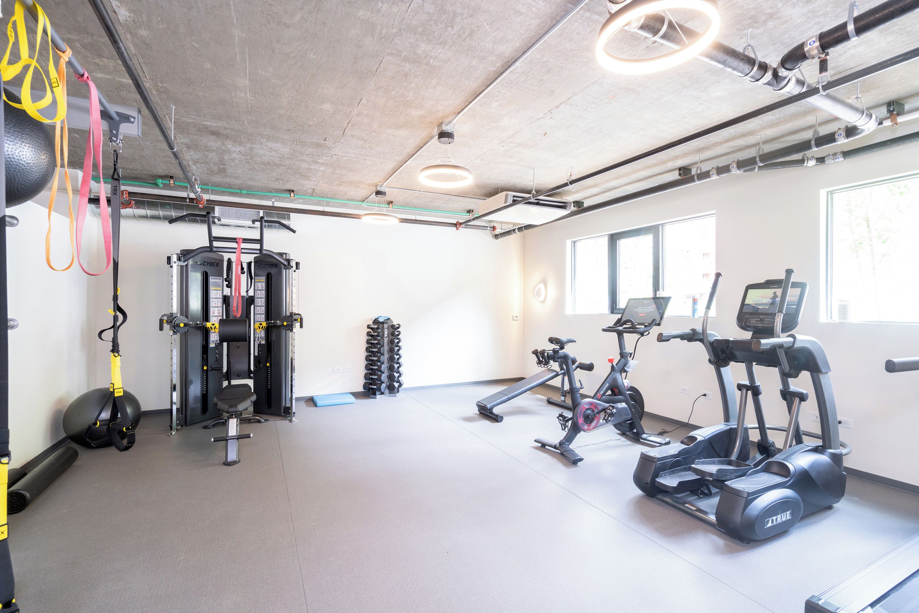A gym with various exercise equipment, including a squat rack, dumbbells, and cardio machines.