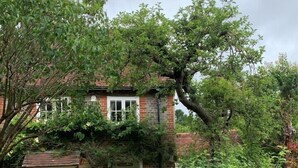 Een twee verdiepingen tellend huis met een bakstenen gevel en een witte deur. Op de begane grond is een klein raam en op de bovenverdieping een groter raam. Het huis ligt in een verzorgd gazon met verschillende planten en struiken.