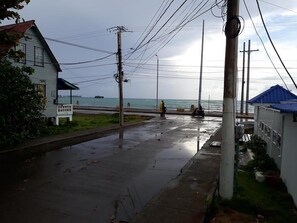 A coastal street with a wet pavement, utility poles, and a building with a blue roof.