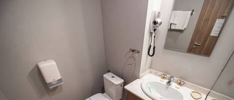 A small bathroom with a toilet, bidet, sink, and mirror.