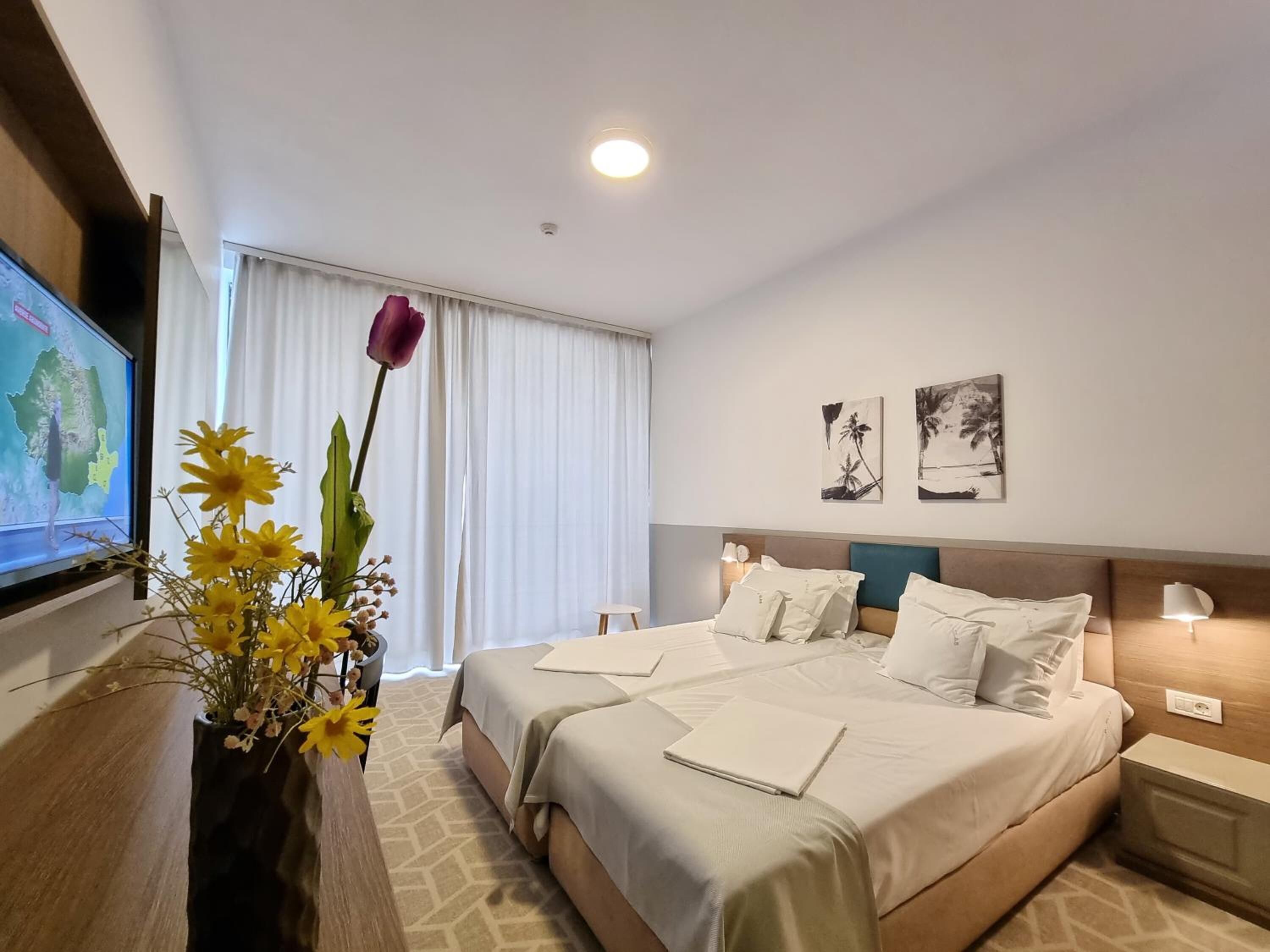 Minibar, desk, laptop workspace, blackout curtains