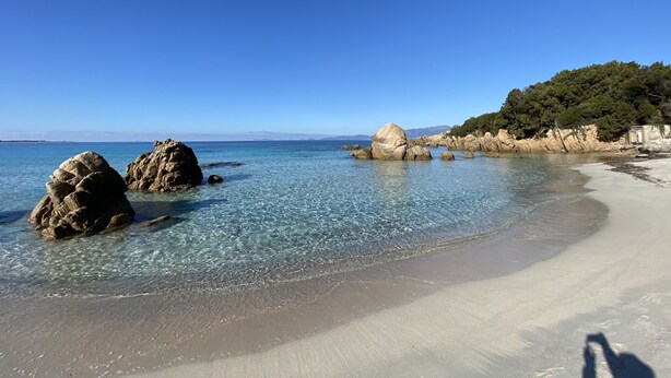 Ein Strand mit klarem Wasser, großen Felsen und einer bewaldeten Hügelkuppe.