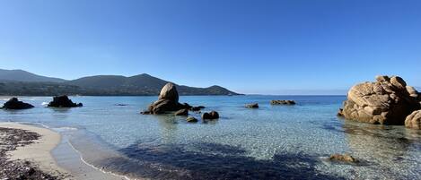 On the beach, sun loungers