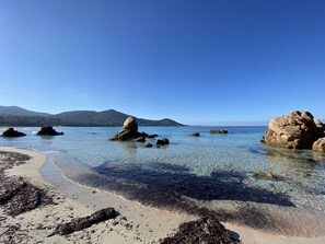 On the beach, sun-loungers