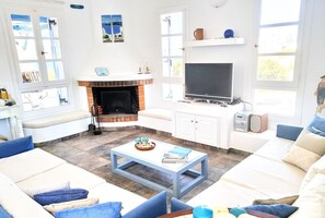 TV, fireplace, books, stereo