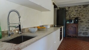 Una cocina con encimera de granito, un fregadero, un bol de fruta, un microondas y una pared de piedra.