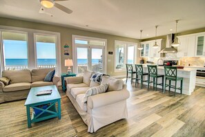 Kitchen and Living Room - Experience un-obstructed ocean views in this spacious 4-bedroom home, Big Blue, perfect for families (North Topsail Beach)