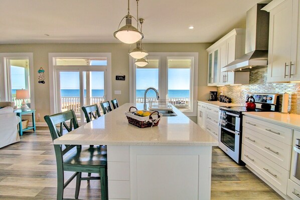 Fridge, microwave, oven, stovetop - Experience un-obstructed ocean views in this spacious 4-bedroom home, Big Blue, perfect for families (North Topsail Beach)