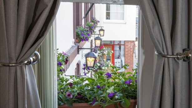 Uma janela com cortinas cinzentas, um floreiro com flores roxas e vista para a rua.