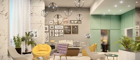 A modern living room with a marble wall, a sofa, yellow chairs, and a coffee table.
