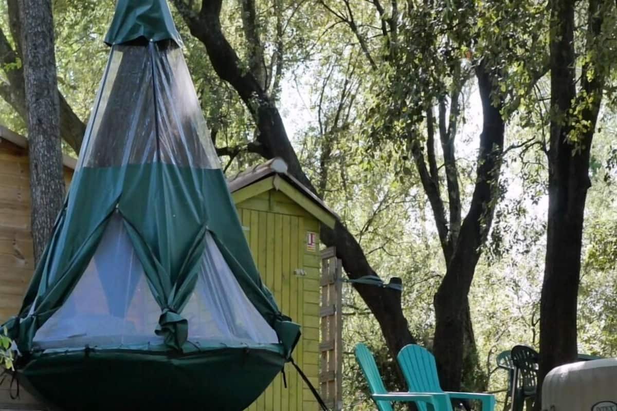 A tent, a small shed, and a chair in a wooded area.