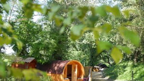 A rustic wooden cabin with a large central room and a smaller attached structure, surrounded by dense forest. - Nuit Etoilé (Mondragon)