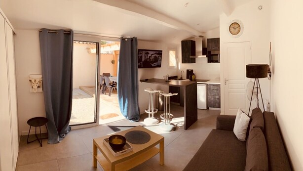 A living room with a sofa, a coffee table, and a dining area with chairs. There is a kitchen with a sink and cabinets.