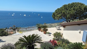 Una terraza con vistas al mar, plantas en macetas y una mesa con sillas.