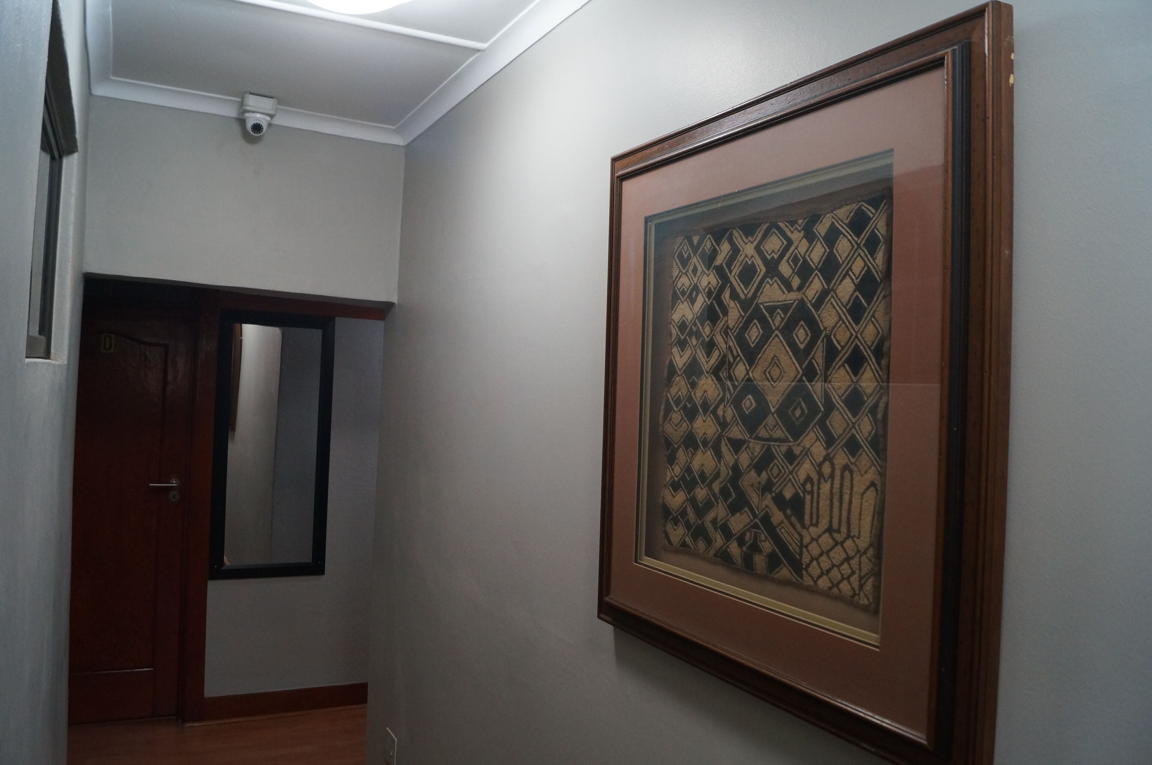 Un pasillo con una obra de arte enmarcada en la pared, una puerta de madera y una cámara de seguridad instalada en el techo.