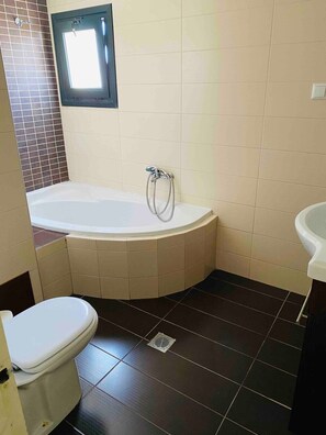 Suihkun ja ammeen yhdistelmä, pyyhkeet, vessapaperi