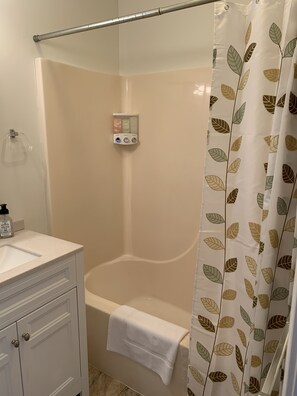 Combined shower/tub, eco-friendly toiletries, hair dryer, towels