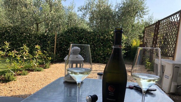 A table with two wine glasses and a bottle of wine in an outdoor setting. - 32 GARDEN HOUSE (Nago-Torbole)