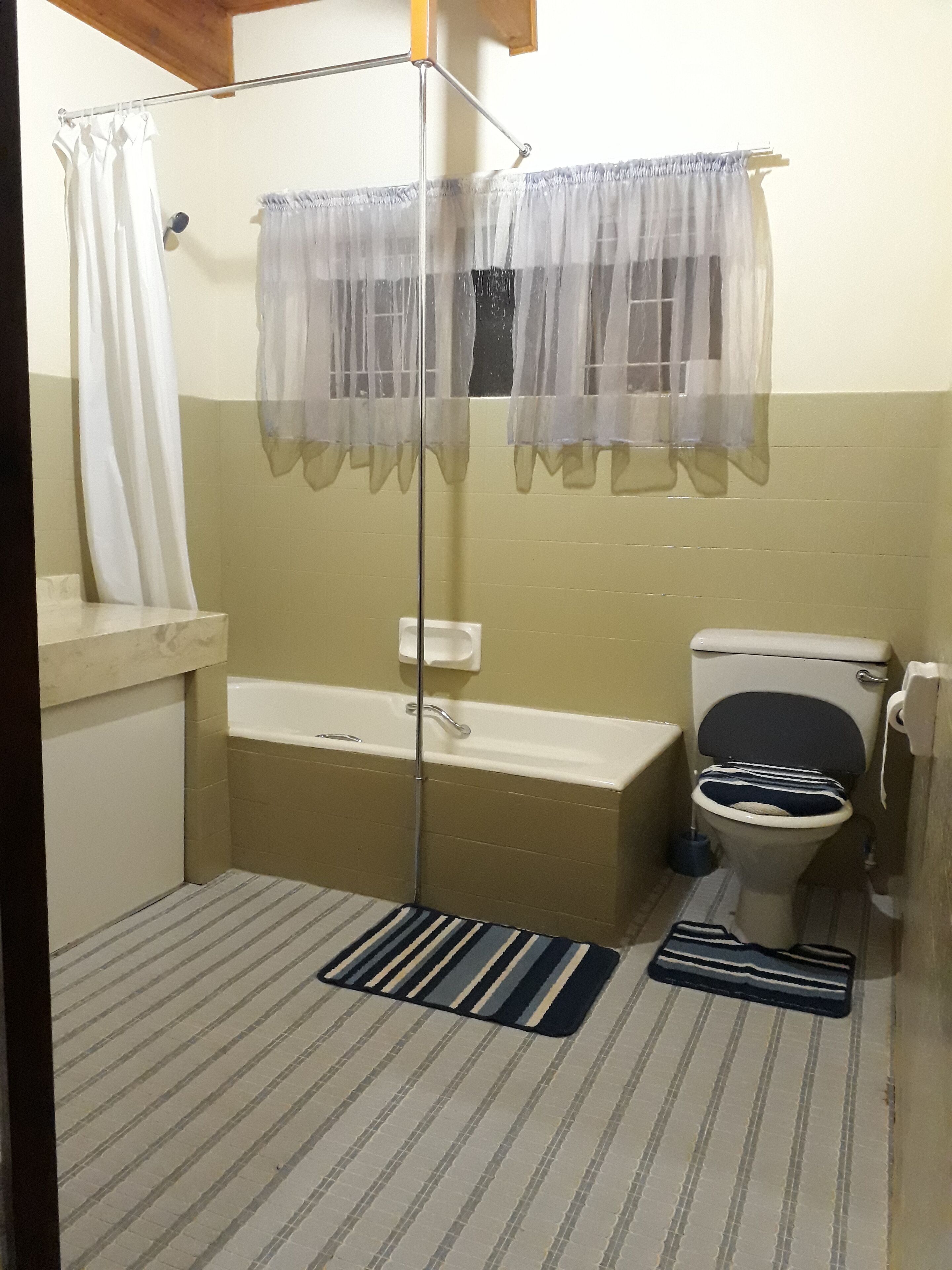 A small bathroom with a shower, toilet, and bathtub.