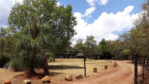 A dirt path leading to a gate with a sign, surrounded by trees and rocks. - Die Plasie (Pretoria)