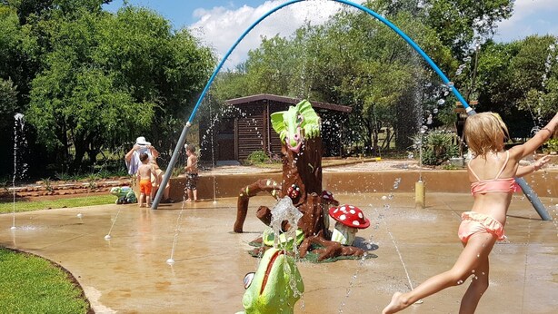 A water play area with a frog sculpture, a mushroom, and a treehouse structure. - Die Plasie (Pretoria)
