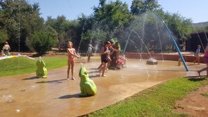 A water park with multiple water features, including a frog-shaped water fountain and a water slide. - Die Plasie (Pretoria)