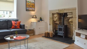 A living room with a sofa, a table with a plant, a fireplace with a stone wall, and a TV on a stand. - 3 bedroom accommodation in Amble, near Morpeth (Amble, near Morpeth)