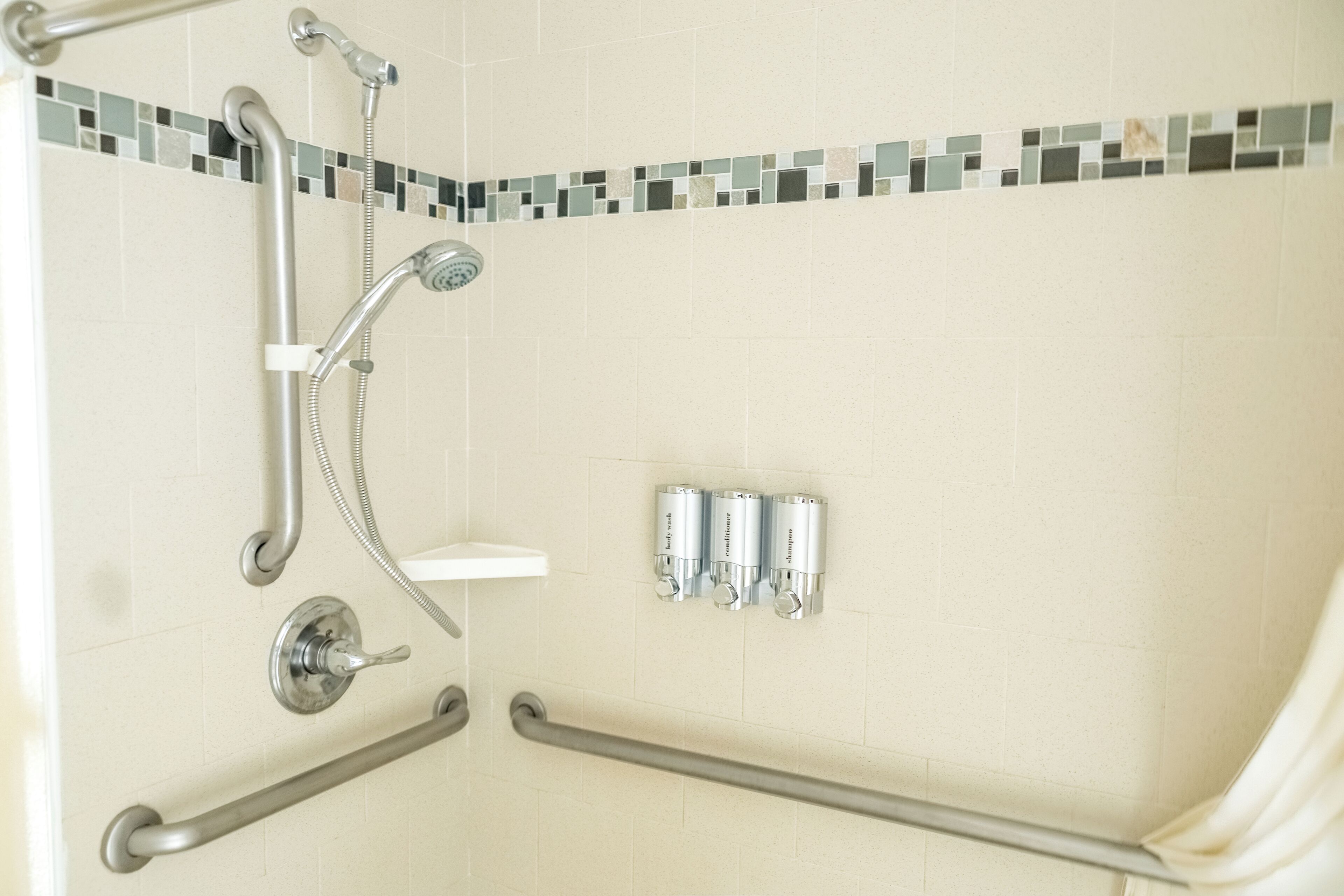 A shower area with a grab bar, a handheld showerhead, and two wall-mounted faucets.