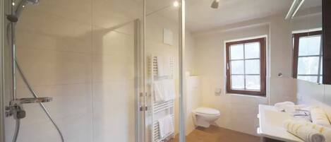 A modern bathroom with a glass shower enclosure, a toilet, and a sink with towels.