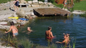 Un'area balneabile naturale con molo in legno, acqua limpida e rocce circostanti.