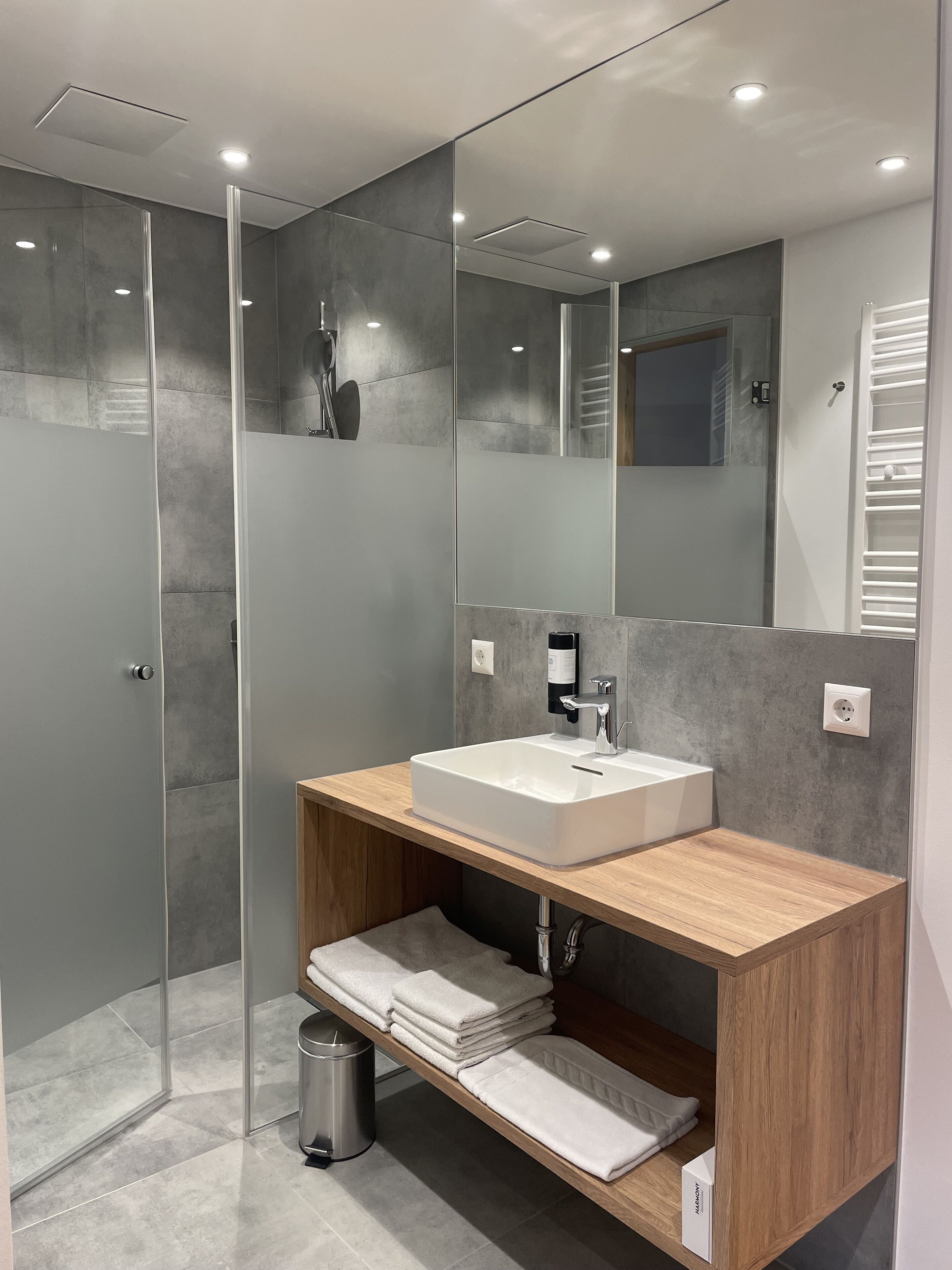Une salle de bain moderne avec une douche à parois de verre, un meuble-lavabo en bois et un miroir.