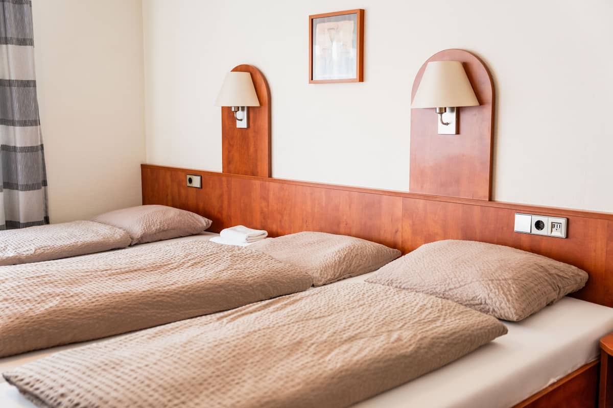 A hotel room with two single beds, wooden headboards, wall-mounted lamps, and a framed picture.