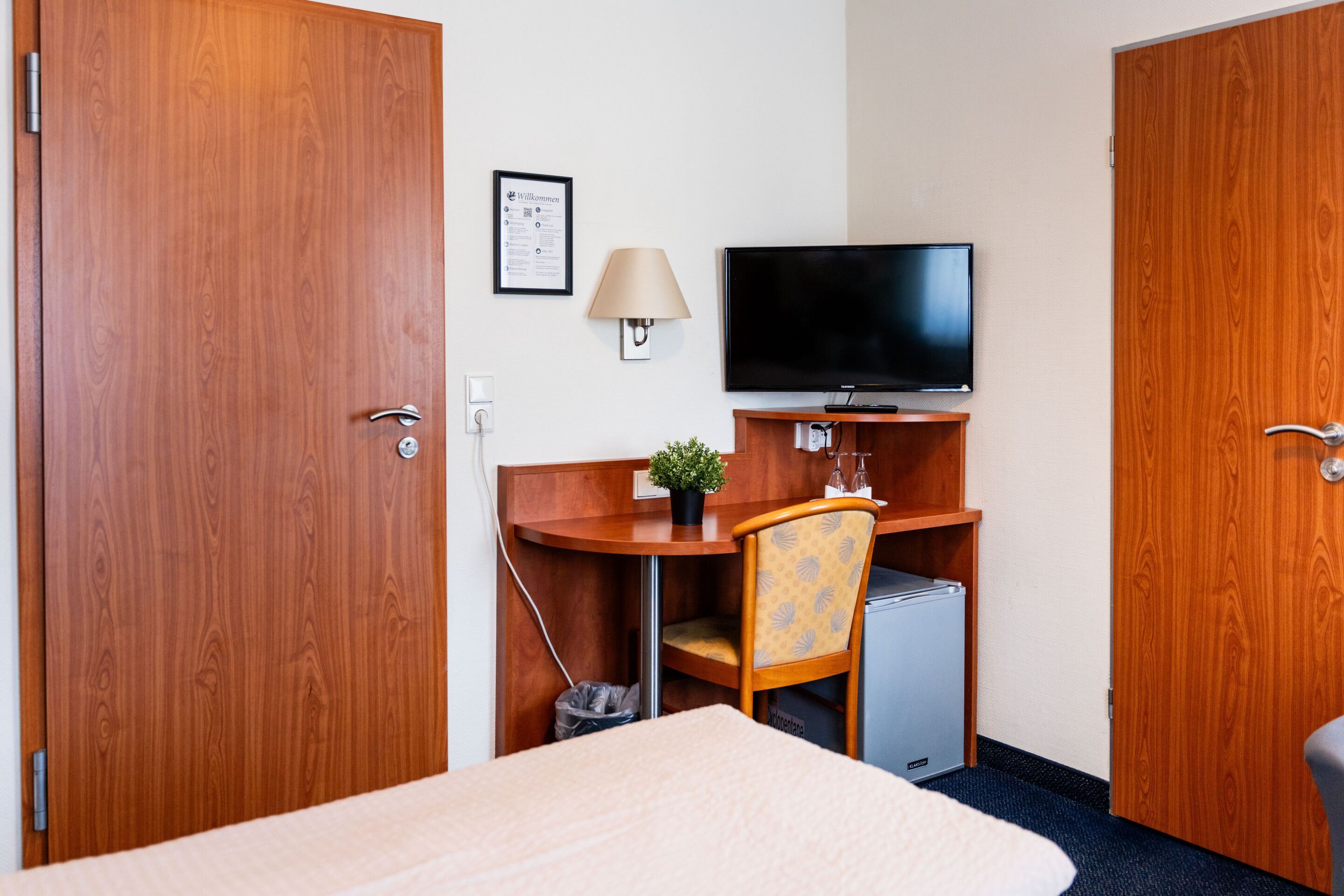 A hotel room with a bed, a desk with a TV, a lamp, and a small plant.