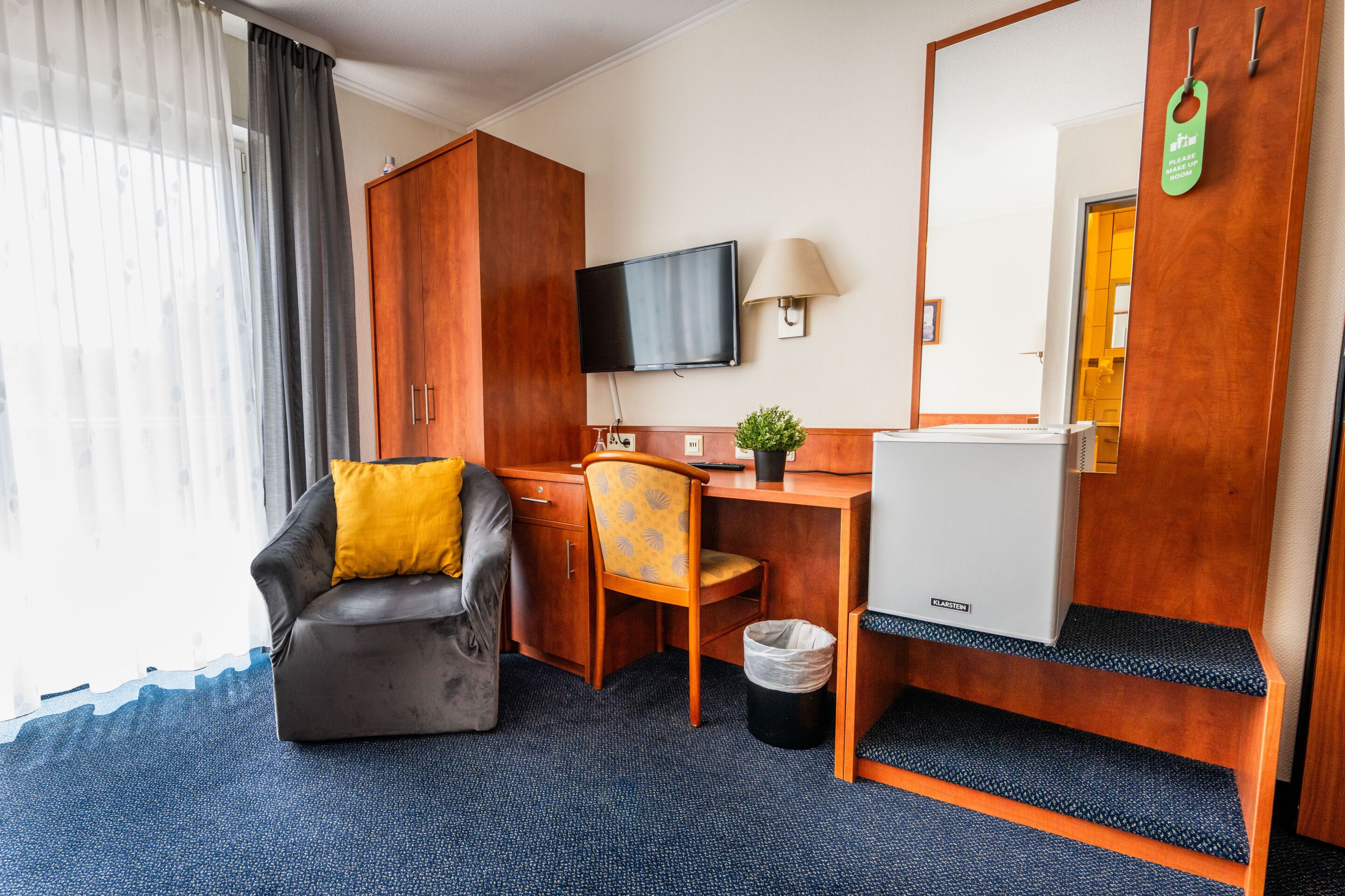 Habitación de hotel con escritorio, silla, televisor y una planta pequeña.