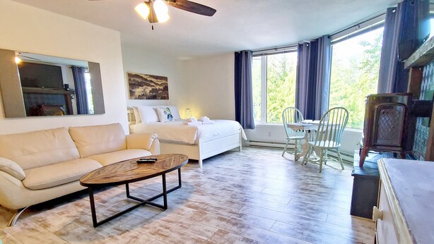 A spacious living room with a sofa, a coffee table, a bed, and a dining area with chairs. - Open Plan Living Area, 2 Q Beds, Full Kitchen, Walk to Trails, Portable AC (Fernie)
