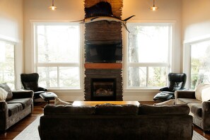 TV, fireplace, DVD player, video library - BayView House, Tofino B.C. (Tofino)