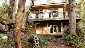 A wooden cabin with a deck, surrounded by trees and a hammock. - Cozy home in Tofino w/ hottub (Tofino)