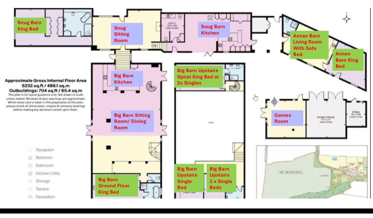 A floor plan of a property with various rooms labeled, including a King Bed, Sitting Room, Kitchen, and Games Room.