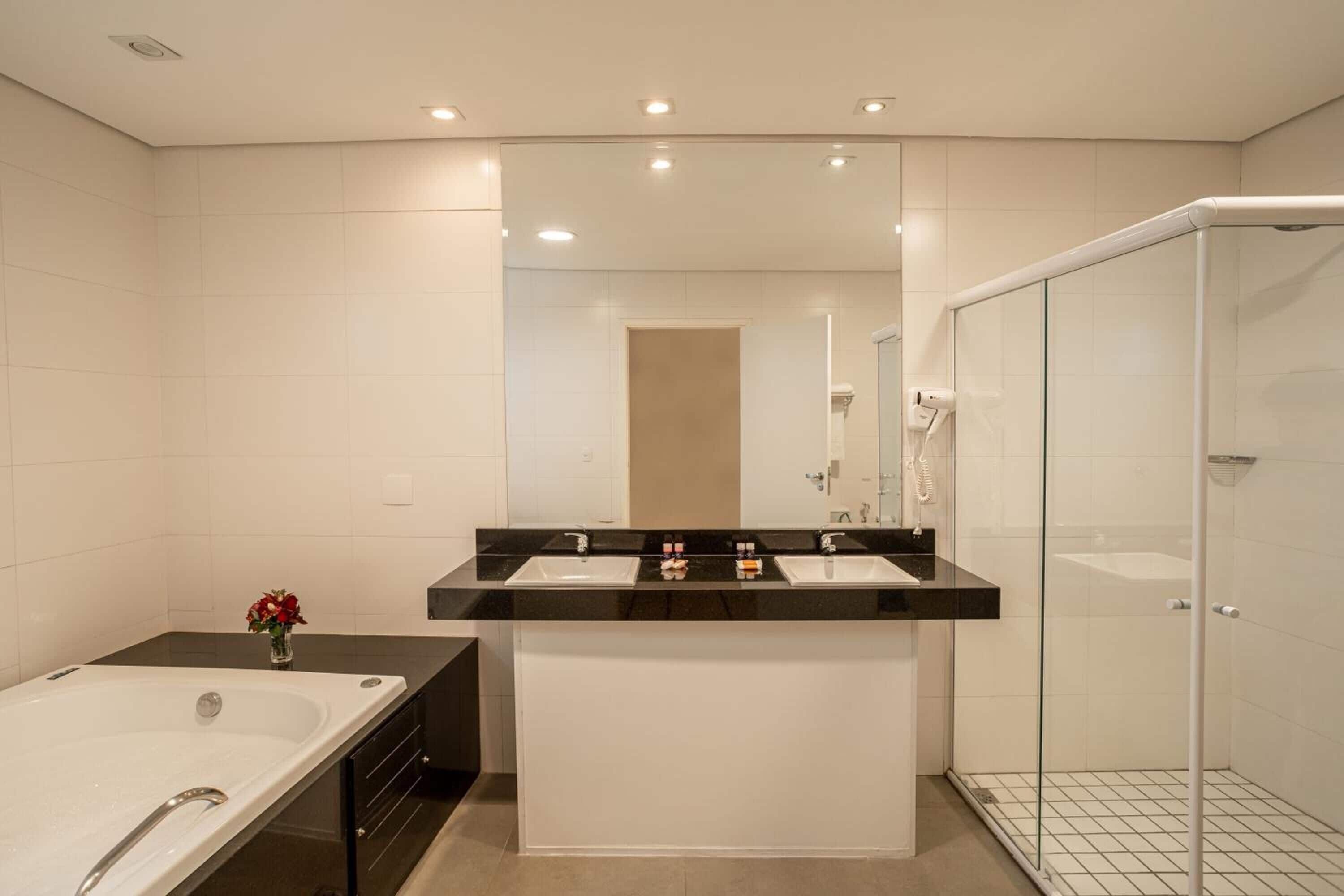 hair dryer, towels, soap, shampoo