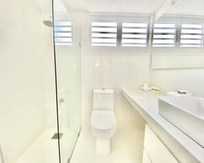 Une salle de bain moderne avec une douche à parois de verre, des toilettes blanches et un meuble-lavabo avec un miroir.